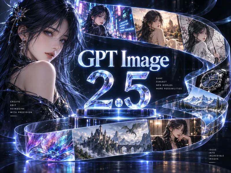 Crystalline GPT Image 2.5 wordmark encircled by a ribbon of scenes showing the same dark-haired character across cityscapes, fantasy castles, and mountain landscapes